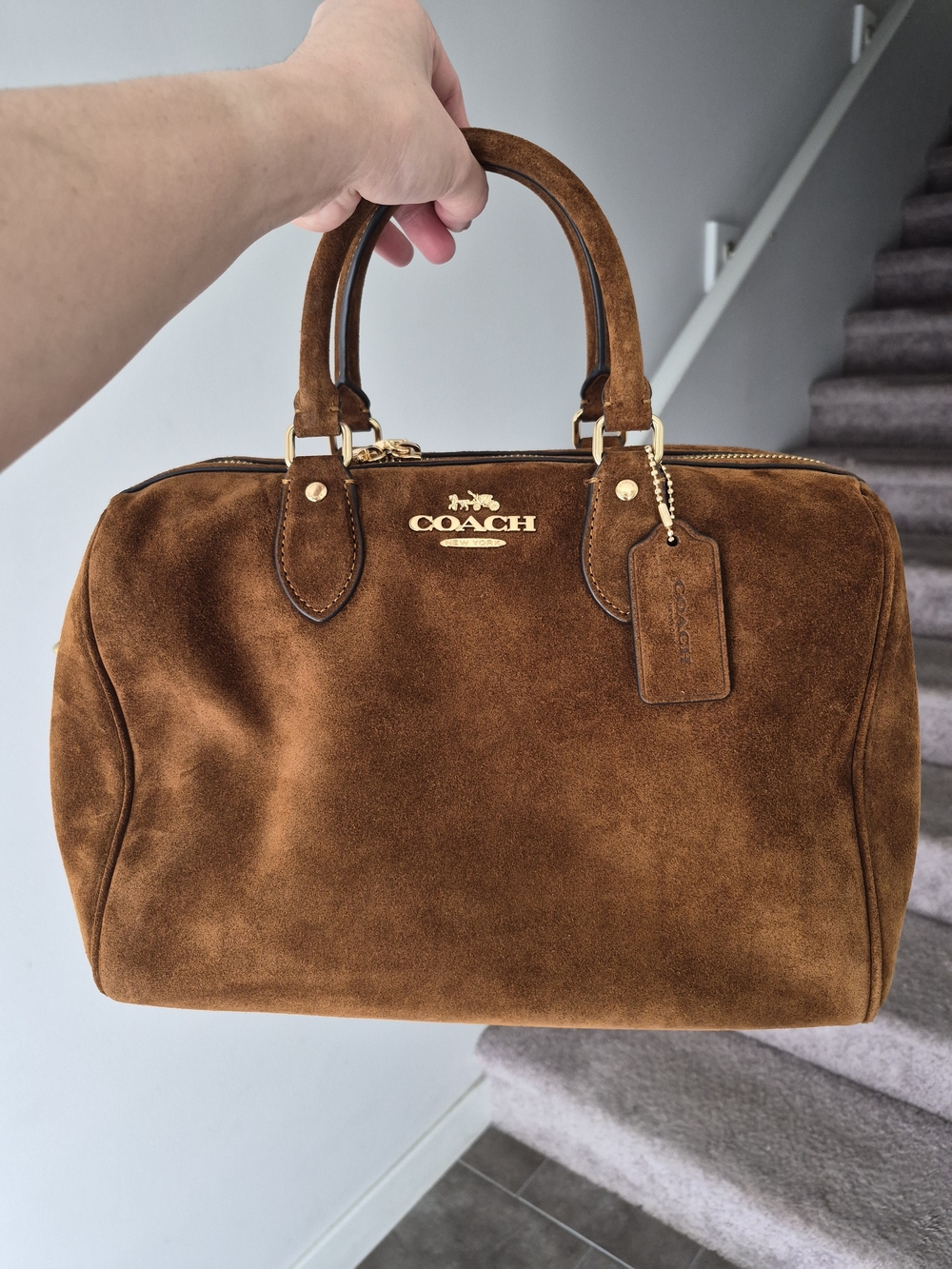 COACH Suede Satchel Handbag in Rich Brown with Gold Hardware
